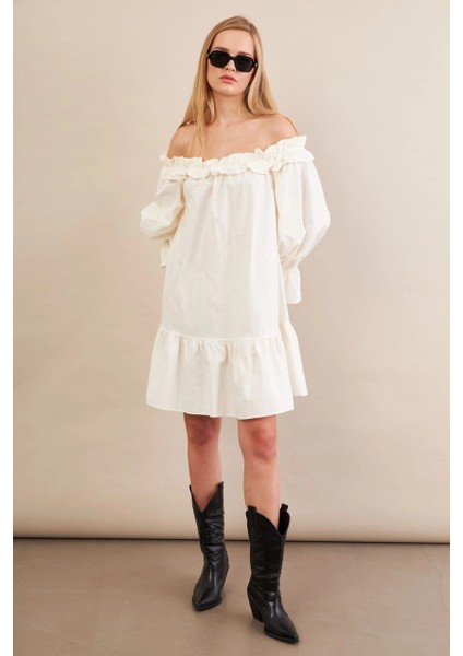 Kadın Ekru Madonna Yaka Midi Elbise PSG1012 fırsatları