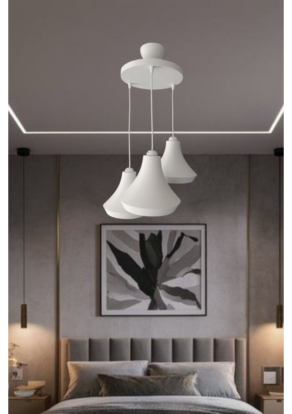 Retro Rustik Model Modern Beton Görünümlü 3'lü Beyaz Sarkıt Avize Cafe Yatak Odası Ofis Salon Mutfak