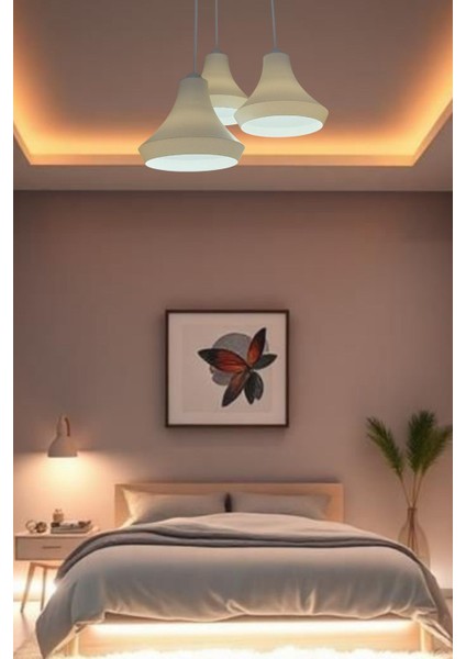 Retro Rustik Model Modern Beton Görünümlü 3'lü Beyaz Sarkıt Avize Cafe Yatak Odası Ofis Salon Mutfak