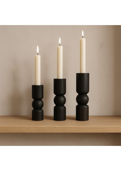 Doğal Ahşap Siyah Renk Şamdan Seti 17.5cm & 15CM & 12.5 , El Yapımı, Rustik Dekoratif 3'lü Mumluk