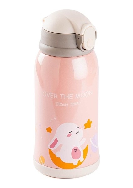 Kake Pembe Tavşan Desenli Çift Kapaklı Çocuk Termosu 600ML