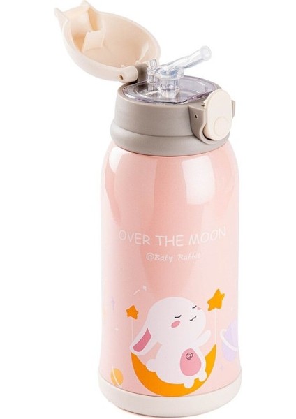 Kake Pembe Tavşan Desenli Çift Kapaklı Çocuk Termosu 600ML