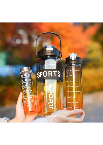 Sports Siyah Renkli Akrilik Spor 3lü Motivasyon Suluk Matara 2000ML 900ML 350ML