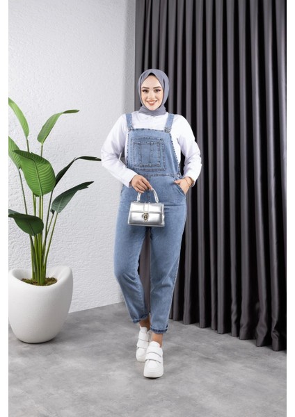 Kadın Cepli Askılı Kot Tulum Pamuk Polyester Karışımı Modern Tasarım Mavi