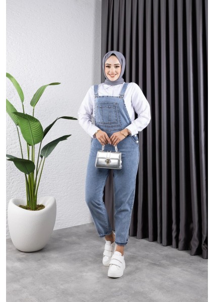 Kadın Cepli Askılı Kot Tulum Pamuk Polyester Karışımı Modern Tasarım Mavi fiyatları