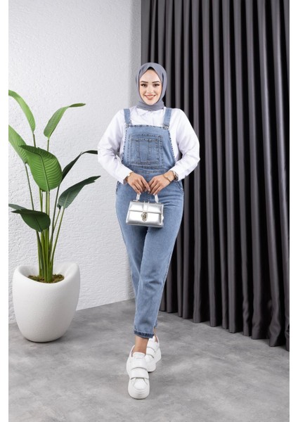 Kadın Cepli Askılı Kot Tulum Pamuk Polyester Karışımı Modern Tasarım Mavi modelleri