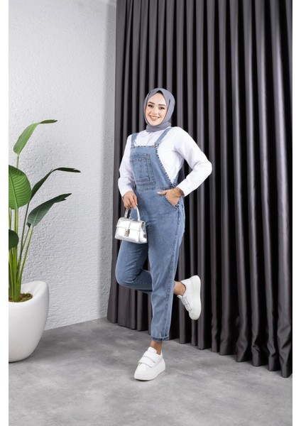 Kadın Cepli Askılı Kot Tulum Pamuk Polyester Karışımı Modern Tasarım Mavi fırsatları