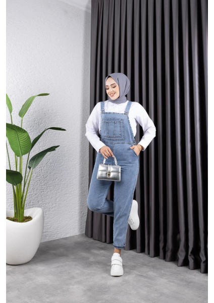 Kadın Cepli Askılı Kot Tulum Pamuk Polyester Karışımı Modern Tasarım Mavi indirimleri