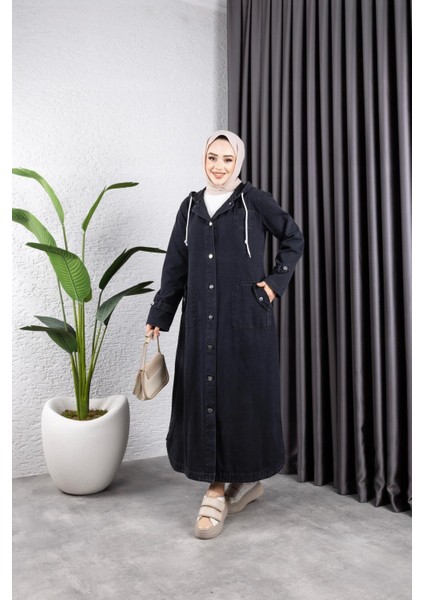 Kadın Cepli Düğmeli Kapüşonlu Denim Kot Trençkot