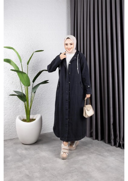 Kadın Cepli Düğmeli Kapüşonlu Denim Kot Trençkot