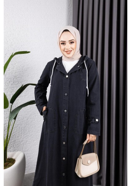 Kadın Cepli Düğmeli Kapüşonlu Denim Kot Trençkot