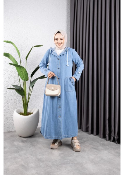 Kadın Cepli Düğmeli Kapüşonlu Denim Kot Trençkot modelleri