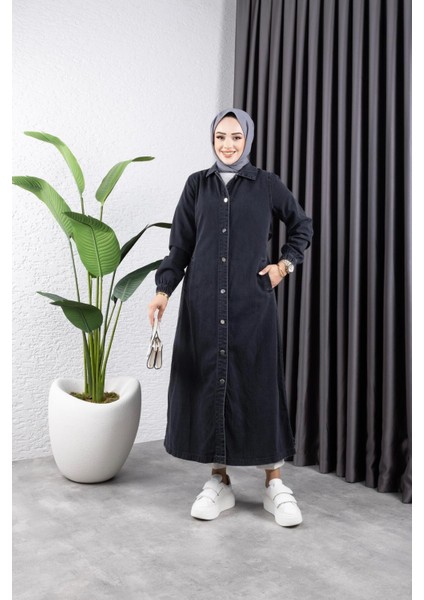 Kadın Cepli Düğmeli Denim Kot Trençkot