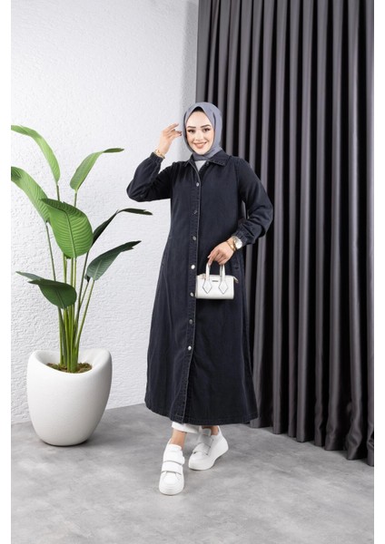 Kadın Cepli Düğmeli Denim Kot Trençkot