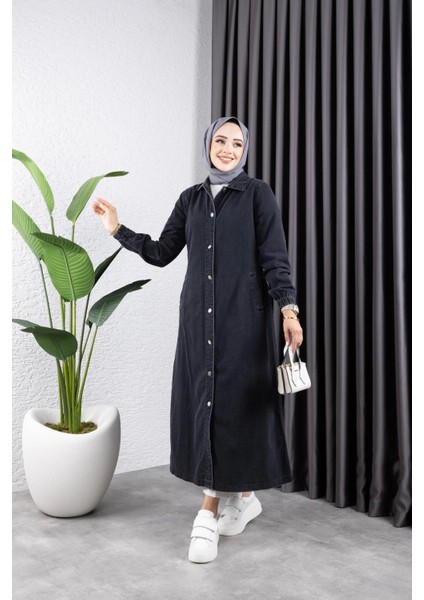 Kadın Cepli Düğmeli Denim Kot Trençkot