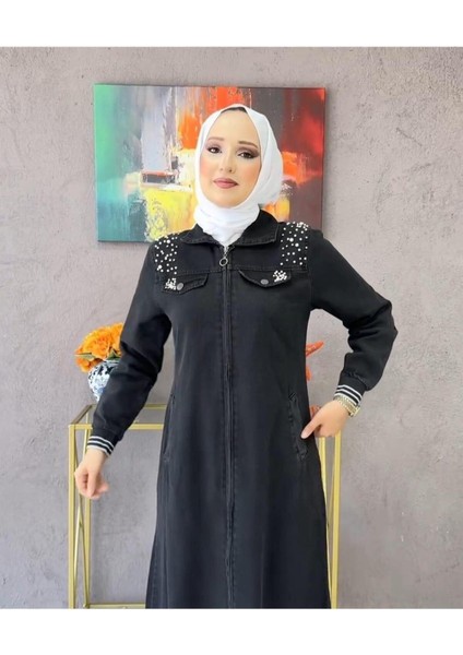 Kadın Taş Detaylı Fermuarlı Kot Kap