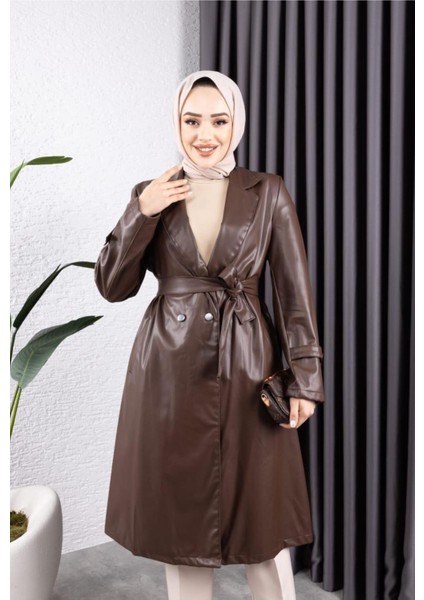 Kadın Deri Cepli Kuşaklı Trençkot