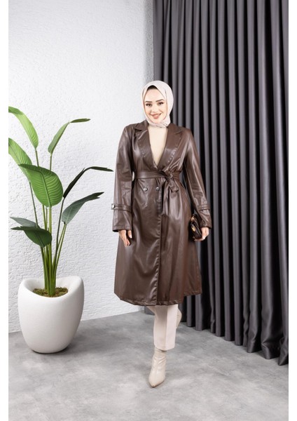 Kadın Deri Cepli Kuşaklı Trençkot fiyatları