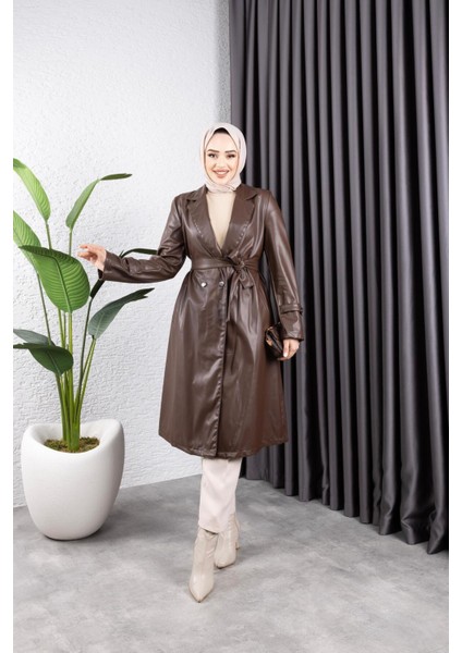 Kadın Deri Cepli Kuşaklı Trençkot modelleri