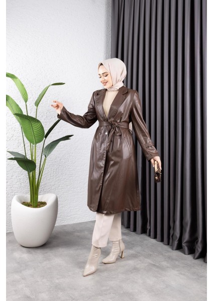 Kadın Deri Cepli Kuşaklı Trençkot indirimleri