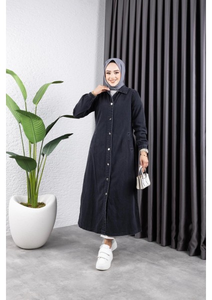 Kadın Cepli Düğmeli Denim Kot Trençkot