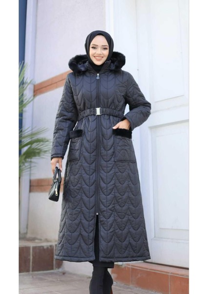 Kadın Fermuarlı Cepli Kemerli Kapitone Şişme Mont