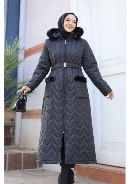 Kadın Fermuarlı Cepli Kemerli Kapitone Şişme Mont fiyatları