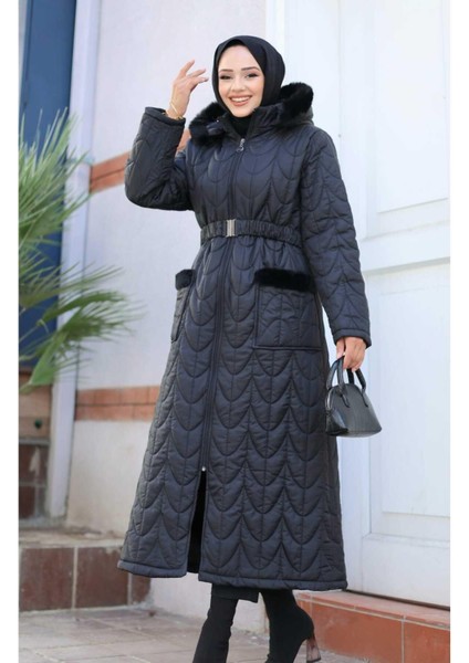 Kadın Fermuarlı Cepli Kemerli Kapitone Şişme Mont modelleri