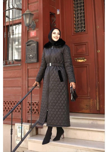 Kadın Fermuarlı Yan Cepli Kemerli Kopitone Şişme Mont