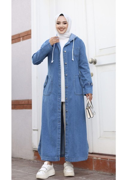 Kadın Cepli Düğmeli Kapüşonlu Denim Kot Trençkot