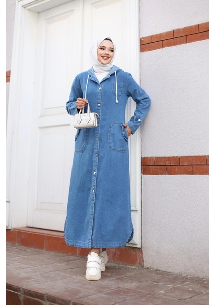 Kadın Cepli Düğmeli Kapüşonlu Denim Kot Trençkot fiyatları