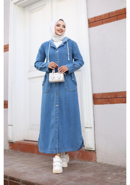 Kadın Cepli Düğmeli Kapüşonlu Denim Kot Trençkot modelleri