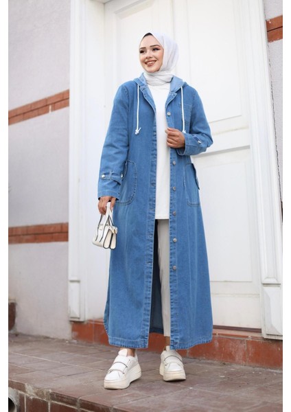 Kadın Cepli Düğmeli Kapüşonlu Denim Kot Trençkot fırsatları