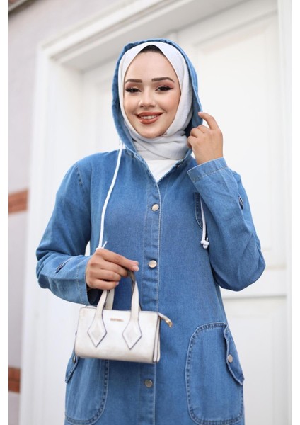 Kadın Cepli Düğmeli Kapüşonlu Denim Kot Trençkot indirimleri