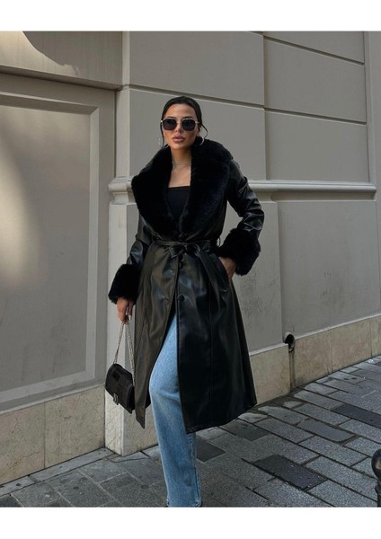 Kadın Yakası Kürk Görünümlü Astarlı Deri Trençkot
