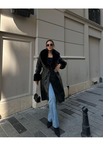 Kadın Yakası Kürk Görünümlü Astarlı Deri Trençkot fiyatları