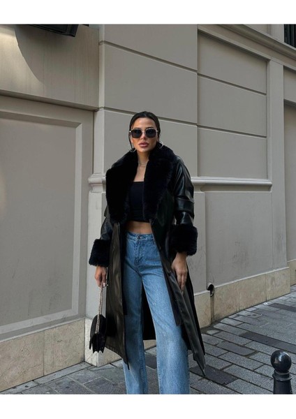 Kadın Yakası Kürk Görünümlü Astarlı Deri Trençkot modelleri