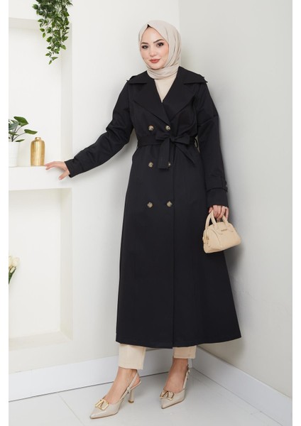 Kadın Düğmeli Kuşaklı Siyah Trençkot