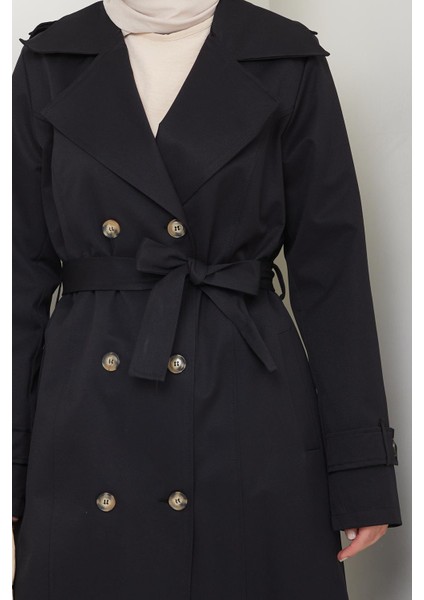 Kadın Düğmeli Kuşaklı Siyah Trençkot fırsatları