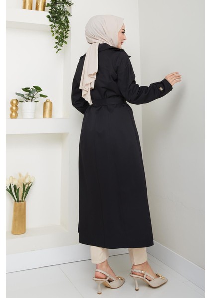 Kadın Düğmeli Kuşaklı Siyah Trençkot indirimleri