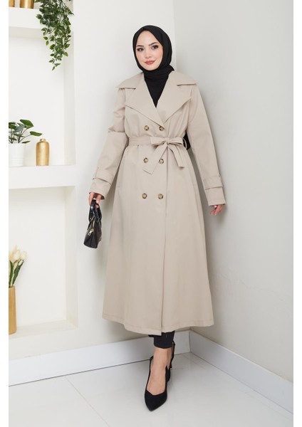 Kadın Düğmeli Kuşaklı Bej Trençkot