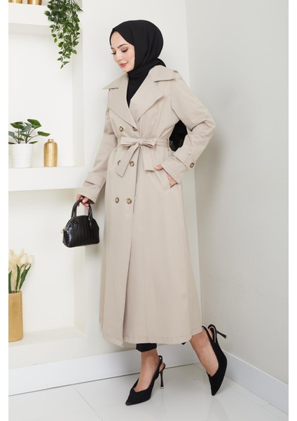 Kadın Düğmeli Kuşaklı Bej Trençkot fiyatları