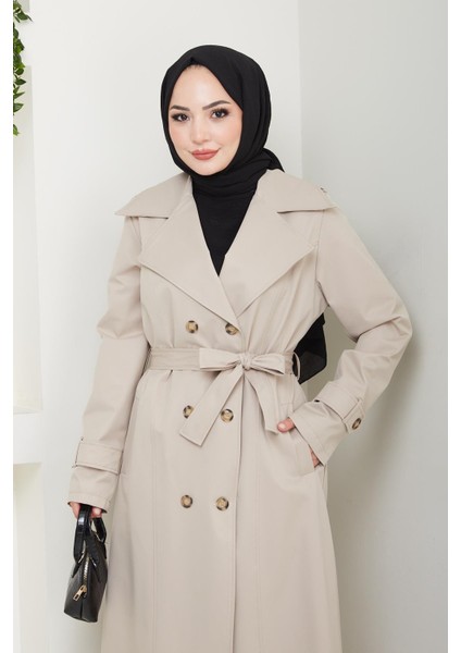 Kadın Düğmeli Kuşaklı Bej Trençkot fırsatları