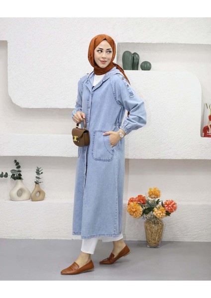 Kadın Cepli Düğmeli Denim Kot Kap