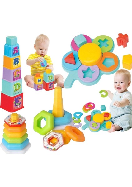 Elite Papatya Model Bultak&altıgen Halkalar&kare Denge Kule Oyunu 3 Lü Eğitici Bebek Aktivite Seti 1 Adet