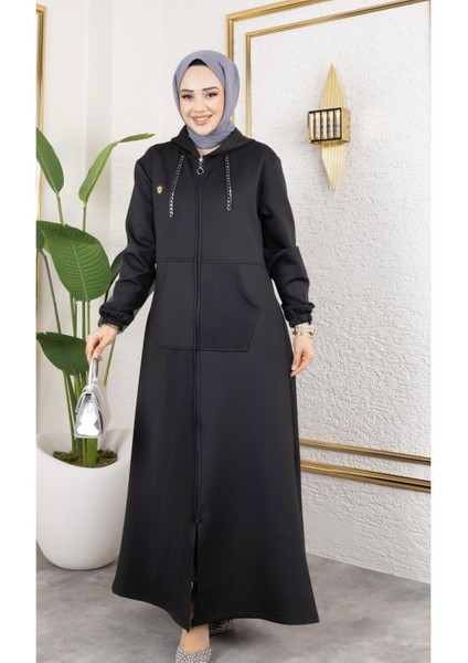 Kadın Cepli Kapüşonlu Zincir Detaylı Scuba Kumaş Kap