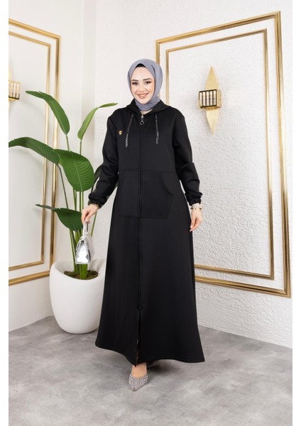 Kadın Cepli Kapüşonlu Zincir Detaylı Scuba Kumaş Kap fiyatları