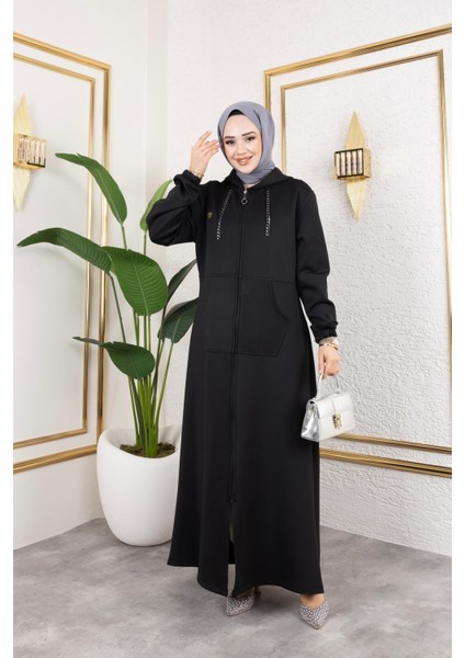 Kadın Cepli Kapüşonlu Zincir Detaylı Scuba Kumaş Kap modelleri