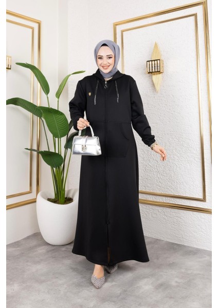 Kadın Cepli Kapüşonlu Zincir Detaylı Scuba Kumaş Kap fırsatları