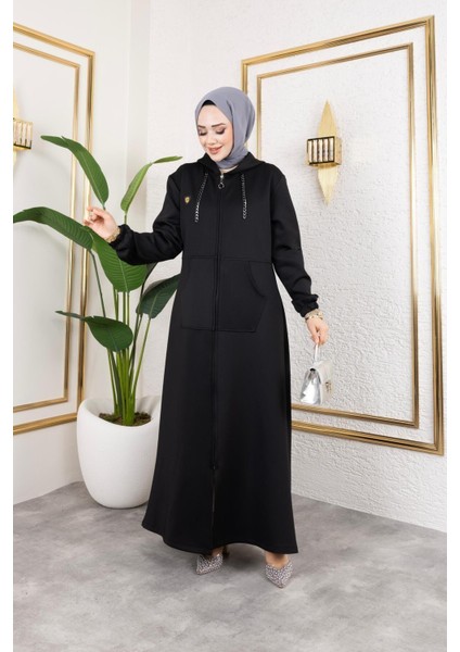 Kadın Cepli Kapüşonlu Zincir Detaylı Scuba Kumaş Kap indirimleri